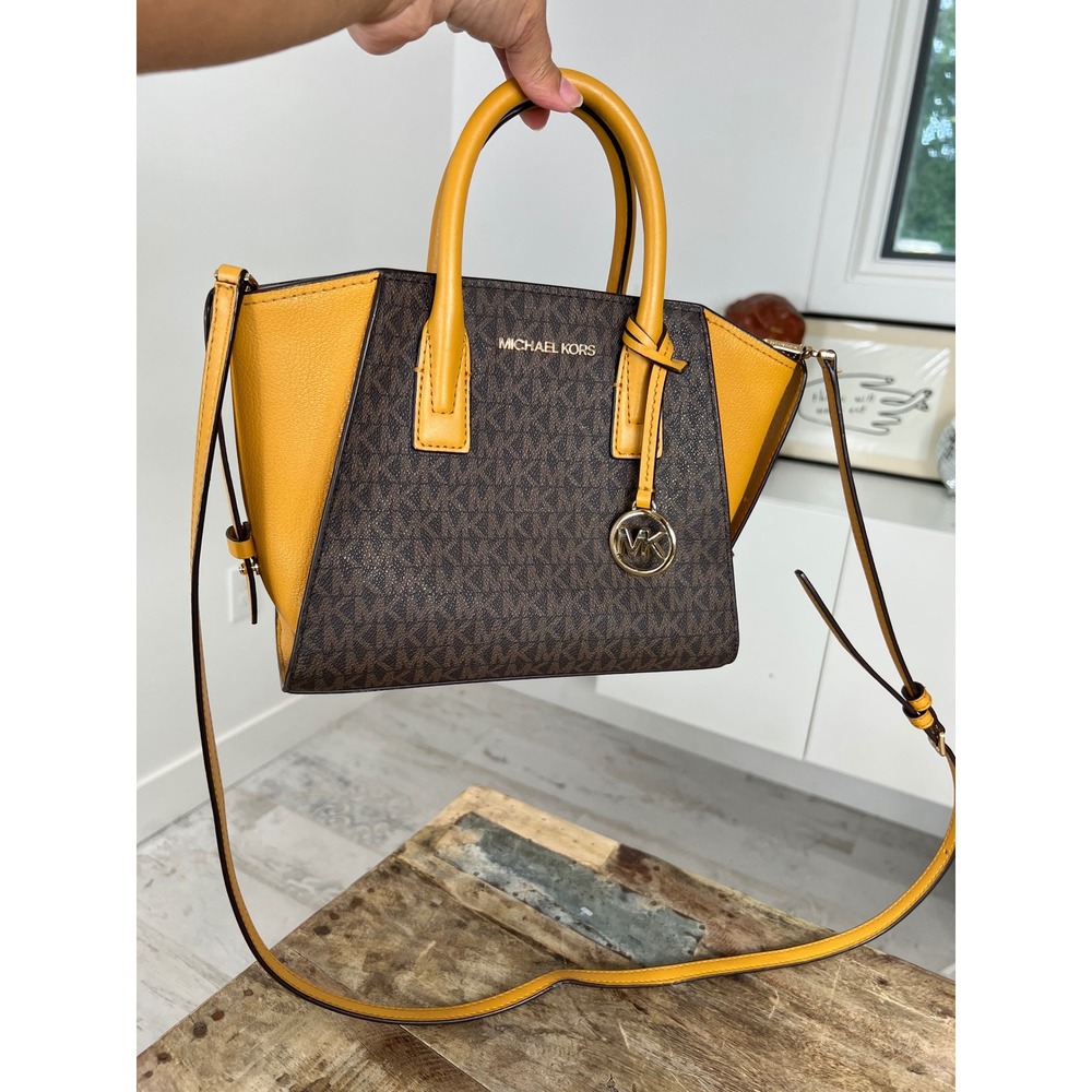 Michael Kors Hope Medium Satchel Brown Monogram Yellow Leather Crossbody Bag